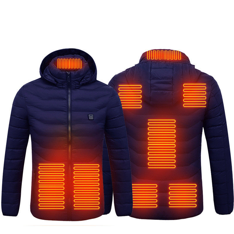 Men’s Heated Puffer Jacket – 9 Heat Zones, USB Electric Heating Coat with Hood