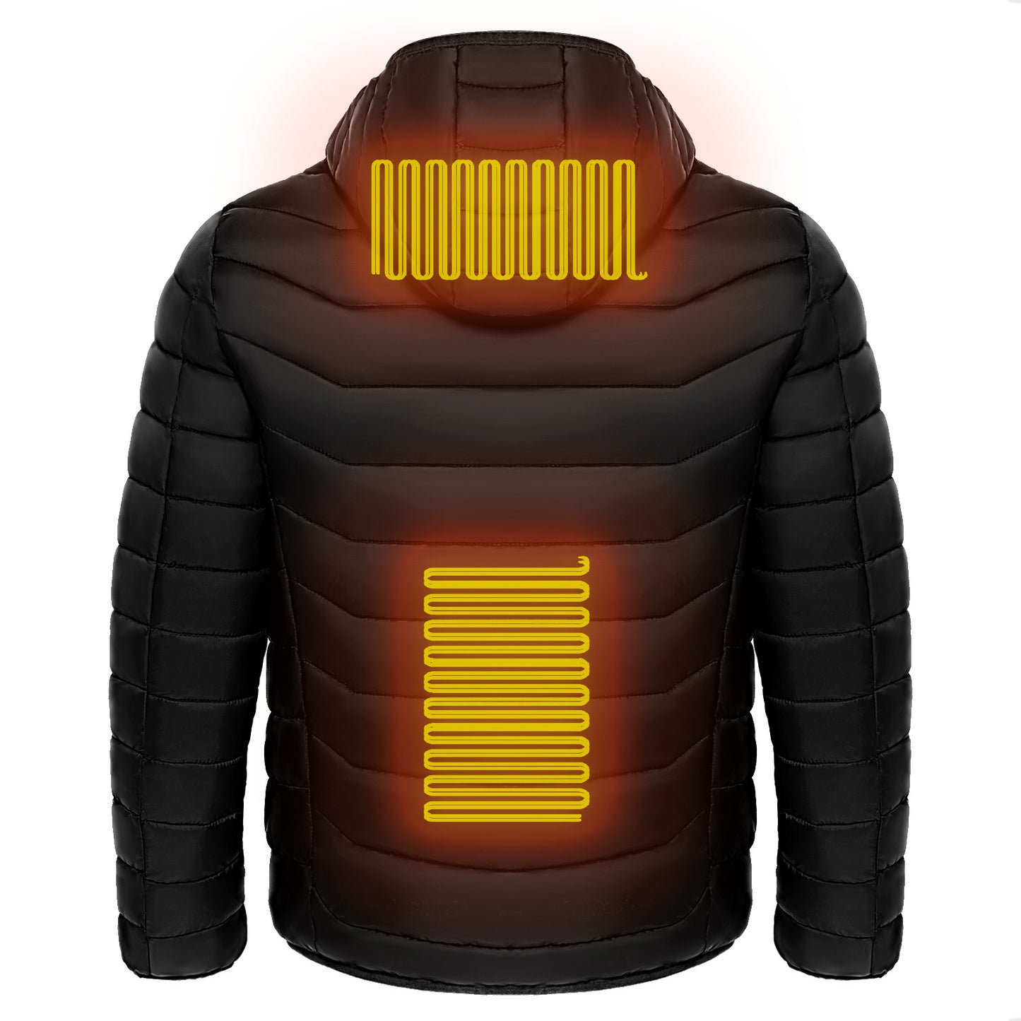 Men’s Heated Puffer Jacket – 9 Heat Zones, USB Electric Heating Coat with Hood