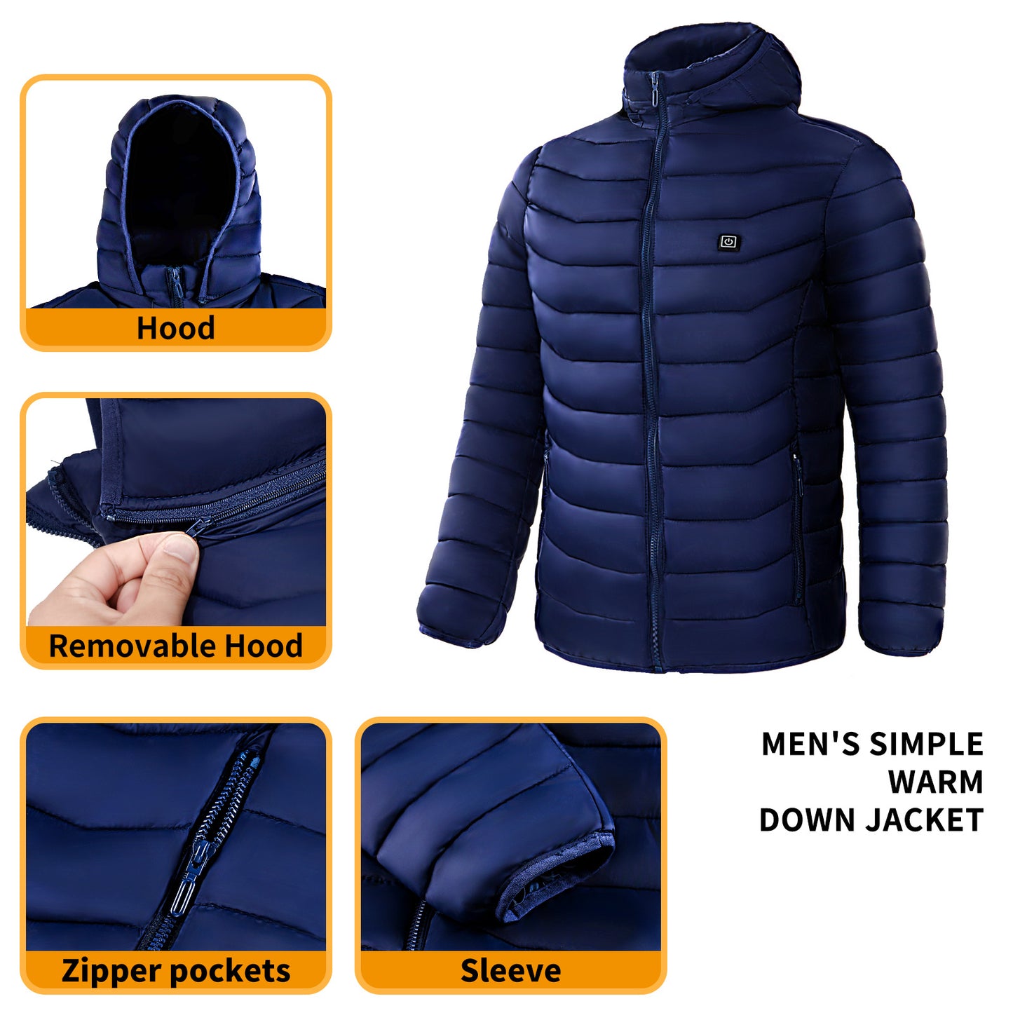 Men’s Heated Puffer Jacket – 9 Heat Zones, USB Electric Heating Coat with Hood