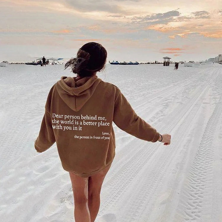 Women’s Plush Letter Printed Hoodie – Kangaroo Pocket, Drawstring, Unisex Trendy Pullover 
(Dear Person Behind Me,the World Is A Better Place,with You In It,love,the Person In Front Of You)