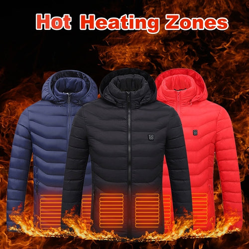 Men’s Heated Puffer Jacket – 9 Heat Zones, USB Electric Heating Coat with Hood