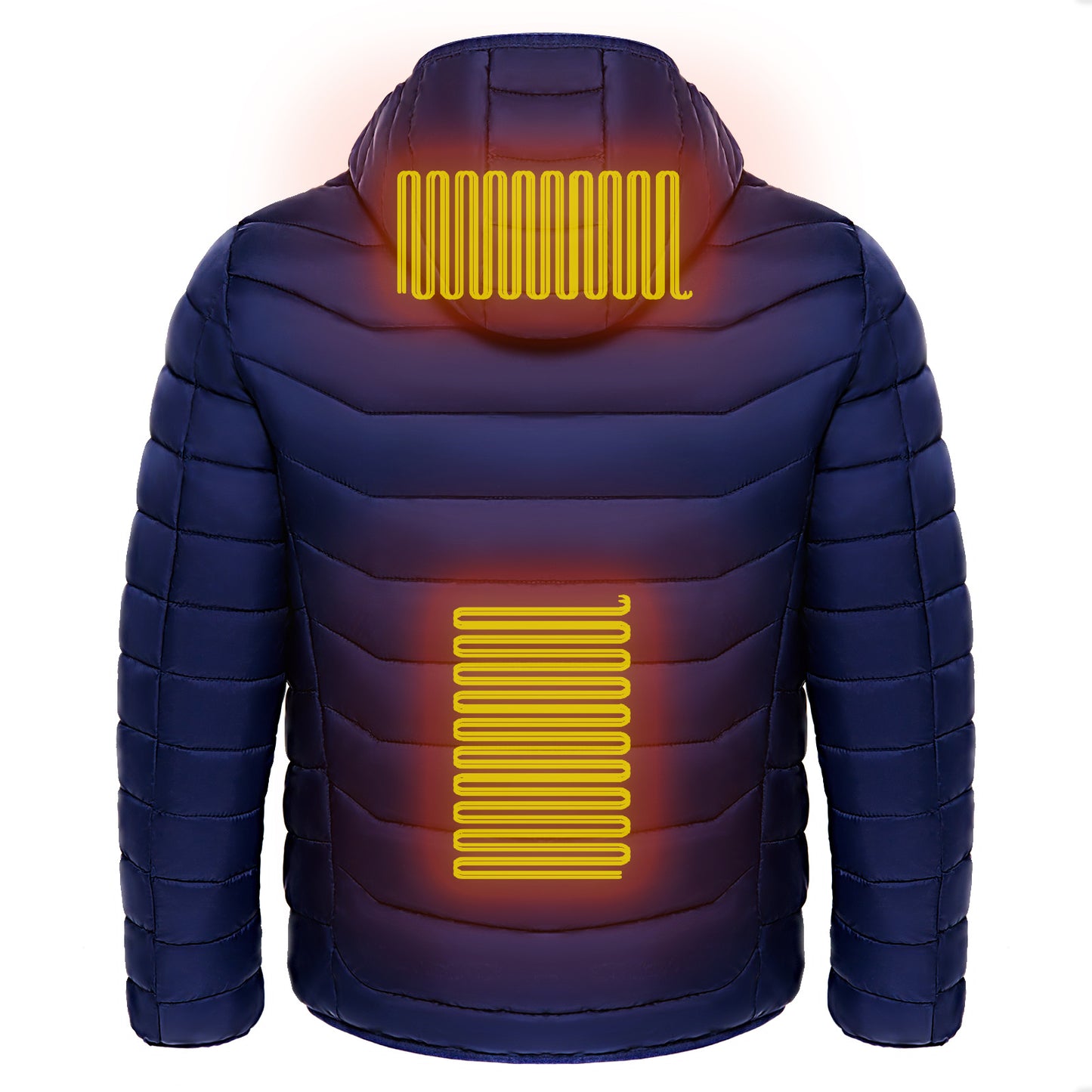 Men’s Heated Puffer Jacket – 9 Heat Zones, USB Electric Heating Coat with Hood