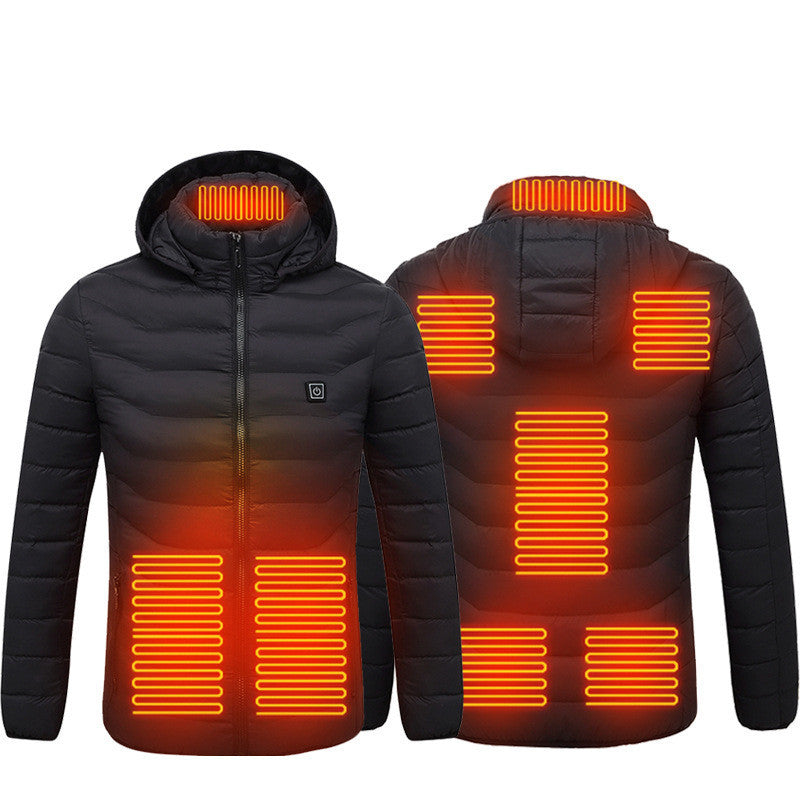 Men’s Heated Puffer Jacket – 9 Heat Zones, USB Electric Heating Coat with Hood