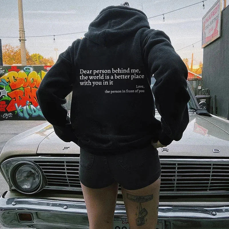 Women’s Plush Letter Printed Hoodie – Kangaroo Pocket, Drawstring, Unisex Trendy Pullover 
(Dear Person Behind Me,the World Is A Better Place,with You In It,love,the Person In Front Of You)