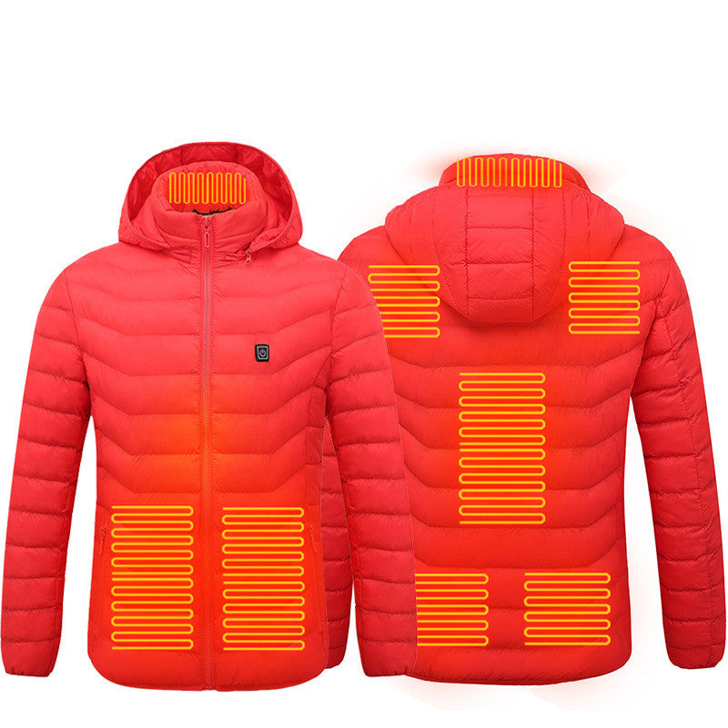 Men’s Heated Puffer Jacket – 9 Heat Zones, USB Electric Heating Coat with Hood