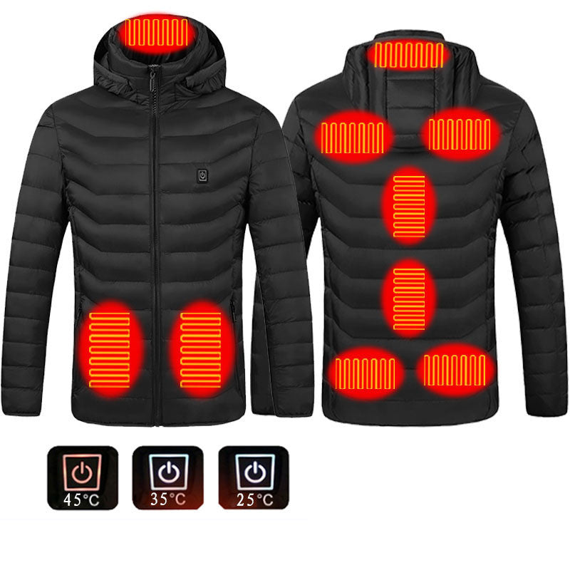 Men’s Heated Puffer Jacket – 9 Heat Zones, USB Electric Heating Coat with Hood