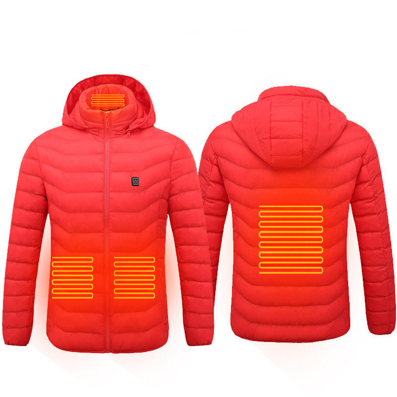 Men’s Heated Puffer Jacket – 9 Heat Zones, USB Electric Heating Coat with Hood