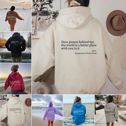 Women’s Plush Letter Printed Hoodie – Kangaroo Pocket, Drawstring, Unisex Trendy Pullover 
(Dear Person Behind Me,the World Is A Better Place,with You In It,love,the Person In Front Of You)