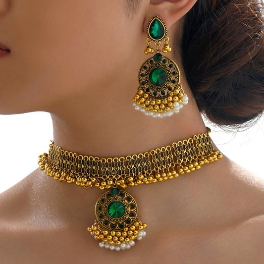 Indian Ethnic Jewelry Set – Vintage Gemstone Beads Necklace & Earrings (2-Piece Suit)