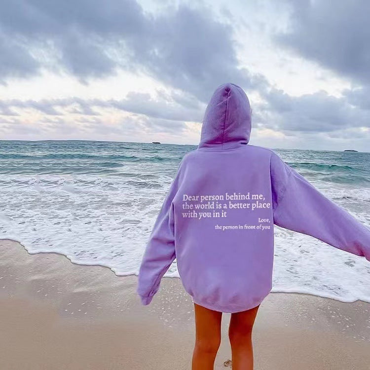 Women’s Plush Letter Printed Hoodie – Kangaroo Pocket, Drawstring, Unisex Trendy Pullover 
(Dear Person Behind Me,the World Is A Better Place,with You In It,love,the Person In Front Of You)