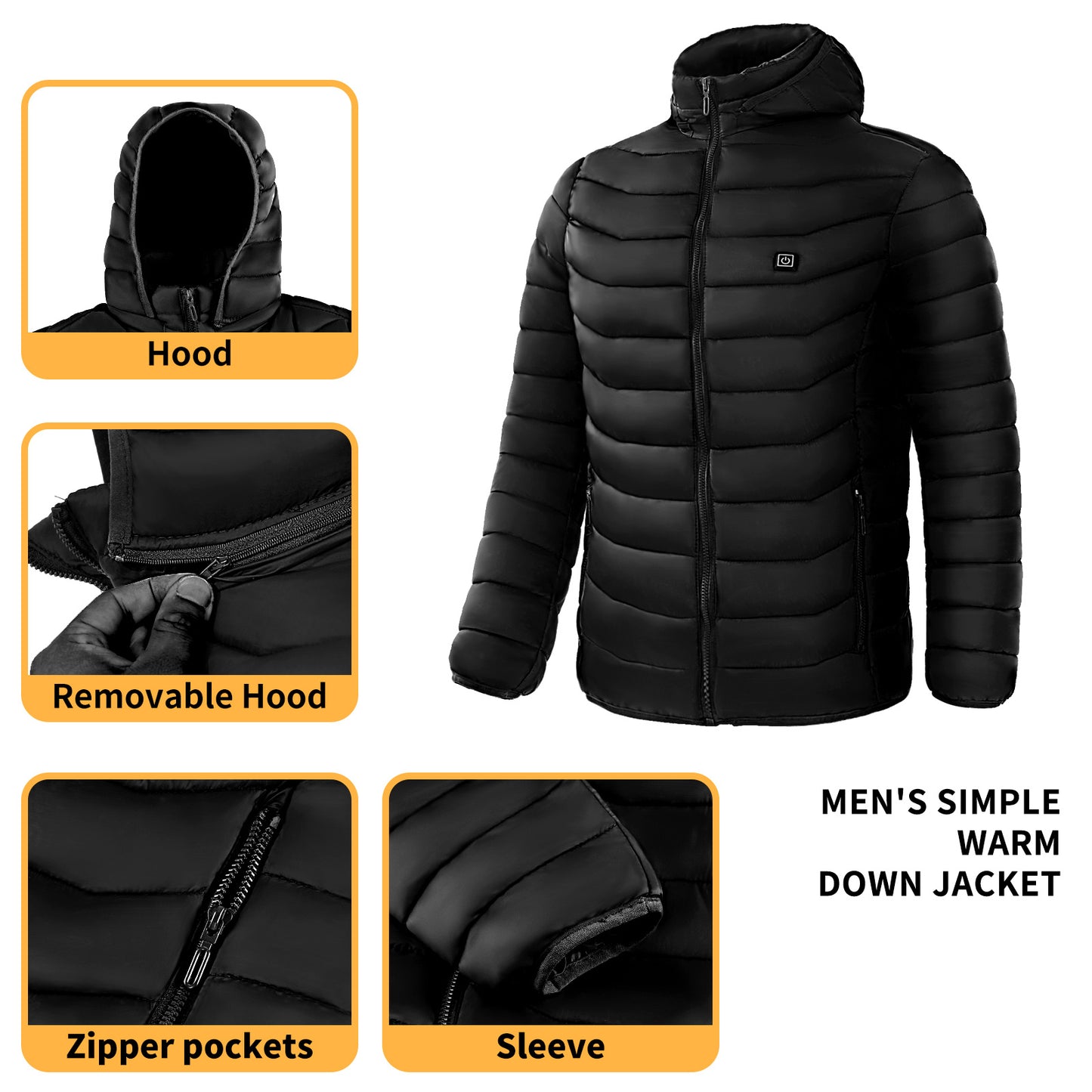 Men’s Heated Puffer Jacket – 9 Heat Zones, USB Electric Heating Coat with Hood