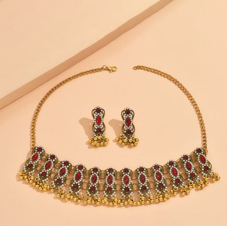 Indian Ethnic Jewelry Set – Vintage Gemstone Beads Necklace & Earrings (2-Piece Suit)