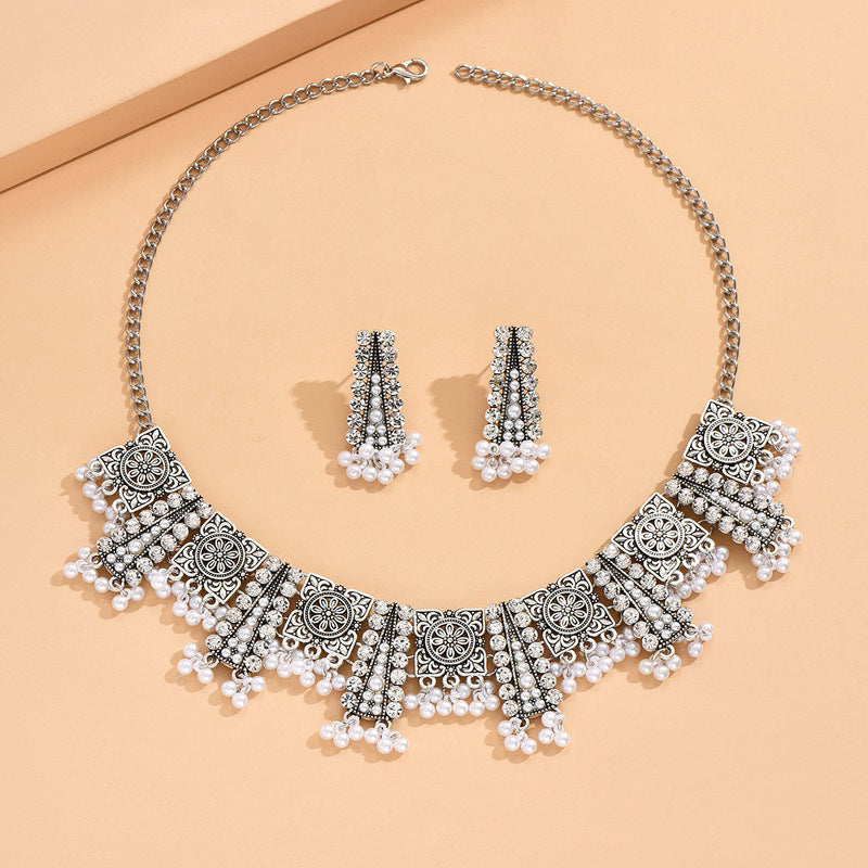 Indian Ethnic Jewelry Set – Vintage Gemstone Beads Necklace & Earrings (2-Piece Suit)