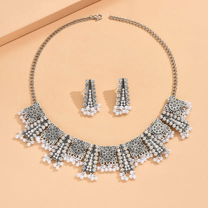 Indian Ethnic Jewelry Set – Vintage Gemstone Beads Necklace & Earrings (2-Piece Suit)