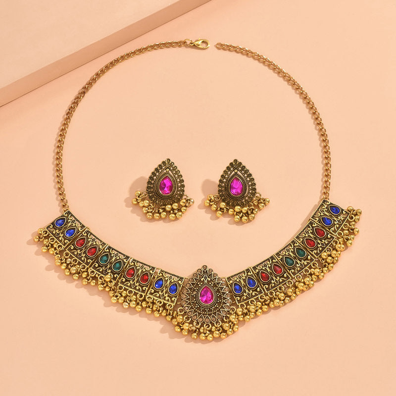 Indian Ethnic Jewelry Set – Vintage Gemstone Beads Necklace & Earrings (2-Piece Suit)