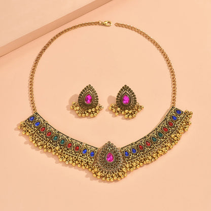 Indian Ethnic Jewelry Set – Vintage Gemstone Beads Necklace & Earrings (2-Piece Suit)