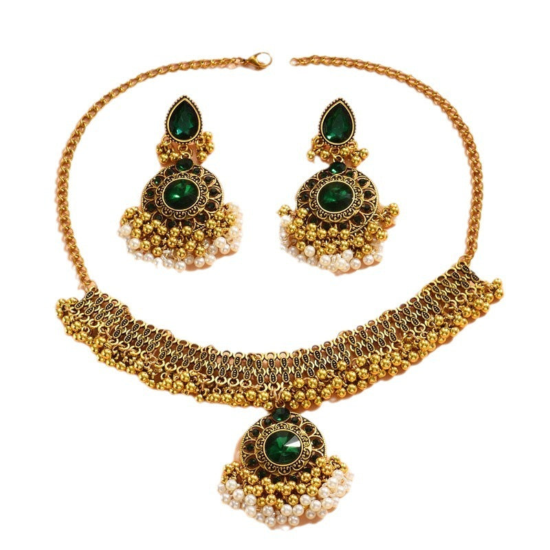 Indian Ethnic Jewelry Set – Vintage Gemstone Beads Necklace & Earrings (2-Piece Suit)
