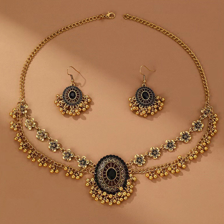 Indian Ethnic Jewelry Set – Vintage Gemstone Beads Necklace & Earrings (2-Piece Suit)