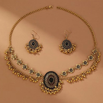 Indian Ethnic Jewelry Set – Vintage Gemstone Beads Necklace & Earrings (2-Piece Suit)