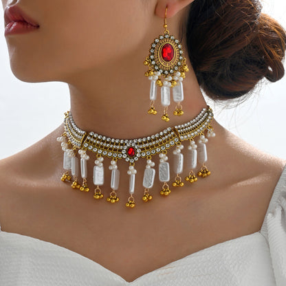 Indian Ethnic Jewelry Set – Vintage Gemstone Beads Necklace & Earrings (2-Piece Suit)