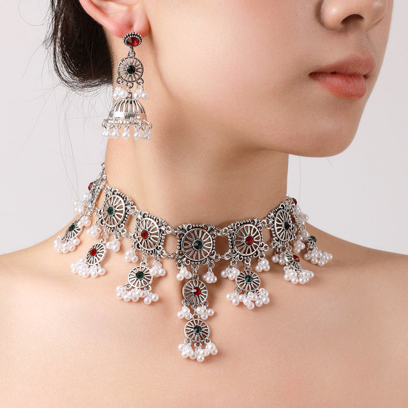 Indian Ethnic Jewelry Set – Vintage Gemstone Beads Necklace & Earrings (2-Piece Suit)