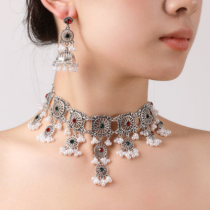 Indian Ethnic Jewelry Set – Vintage Gemstone Beads Necklace & Earrings (2-Piece Suit)