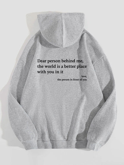 Women’s Plush Letter Printed Hoodie – Kangaroo Pocket, Drawstring, Unisex Trendy Pullover 
(Dear Person Behind Me,the World Is A Better Place,with You In It,love,the Person In Front Of You)