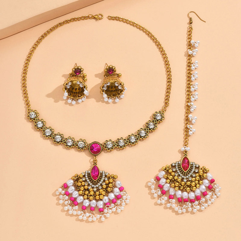 Indian Ethnic Jewelry Set – Vintage Gemstone Beads Necklace & Earrings (2-Piece Suit)