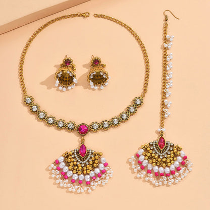Indian Ethnic Jewelry Set – Vintage Gemstone Beads Necklace & Earrings (2-Piece Suit)