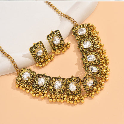 Indian Ethnic Jewelry Set – Vintage Gemstone Beads Necklace & Earrings (2-Piece Suit)