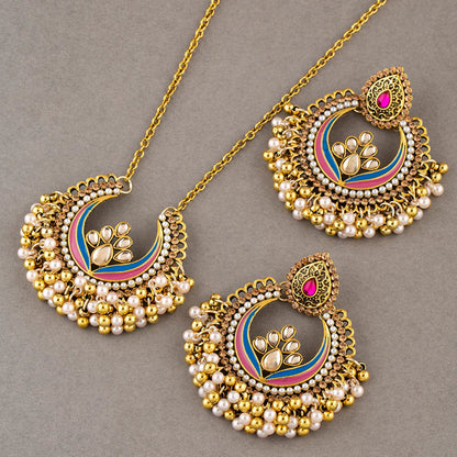 Indian Ethnic Jewelry Set – Vintage Gemstone Beads Necklace & Earrings (2-Piece Suit)