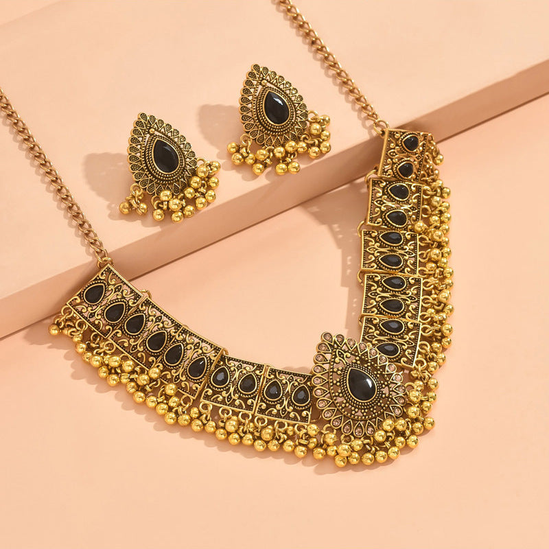 Indian Ethnic Jewelry Set – Vintage Gemstone Beads Necklace & Earrings (2-Piece Suit)