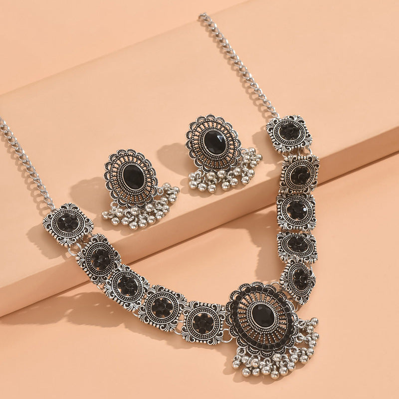 Indian Ethnic Jewelry Set – Vintage Gemstone Beads Necklace & Earrings (2-Piece Suit)