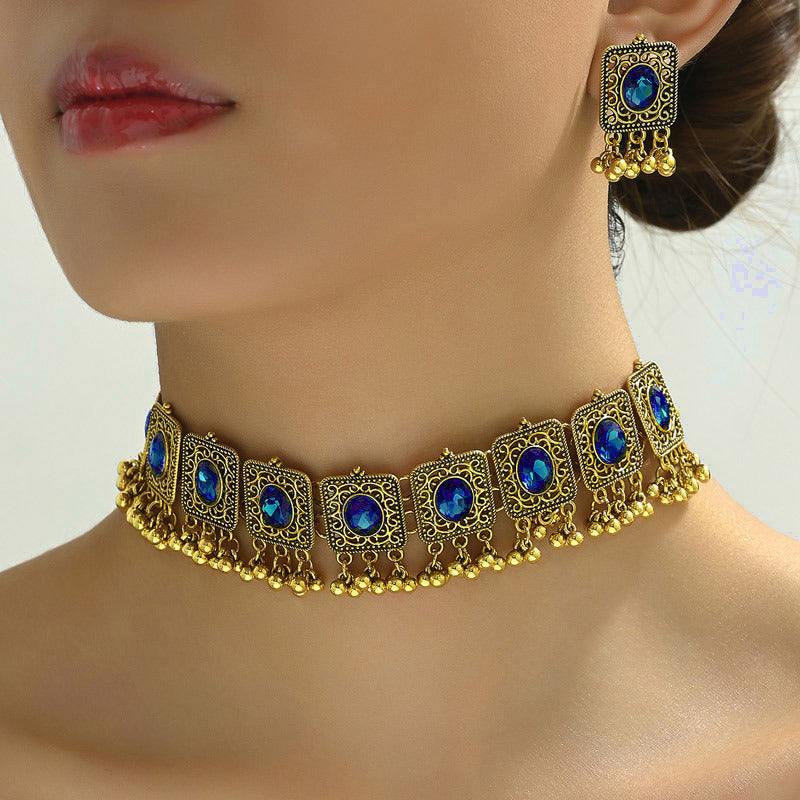 Indian Ethnic Jewelry Set – Vintage Gemstone Beads Necklace & Earrings (2-Piece Suit)