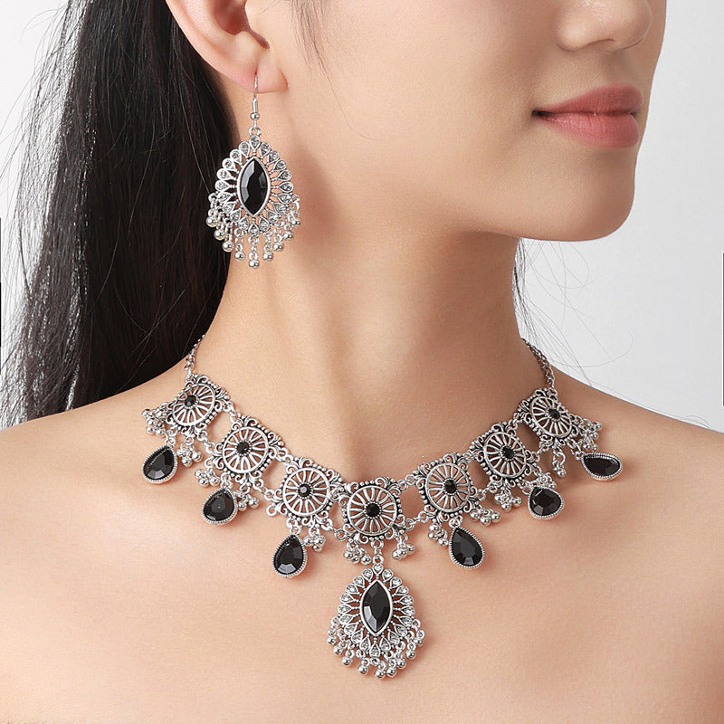 Indian Ethnic Jewelry Set – Vintage Gemstone Beads Necklace & Earrings (2-Piece Suit)