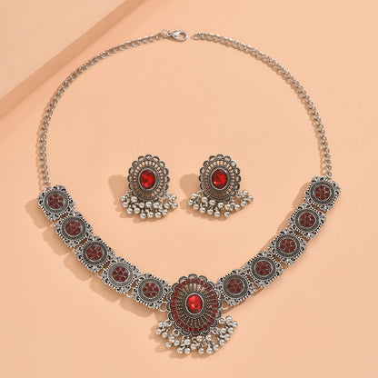 Indian Ethnic Jewelry Set – Vintage Gemstone Beads Necklace & Earrings (2-Piece Suit)