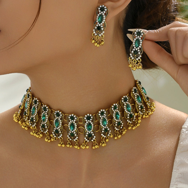 Indian Ethnic Jewelry Set – Vintage Gemstone Beads Necklace & Earrings (2-Piece Suit)