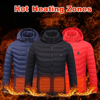 Men’s Heated Puffer Jacket – 9 Heat Zones, USB Electric Heating Coat with Hood