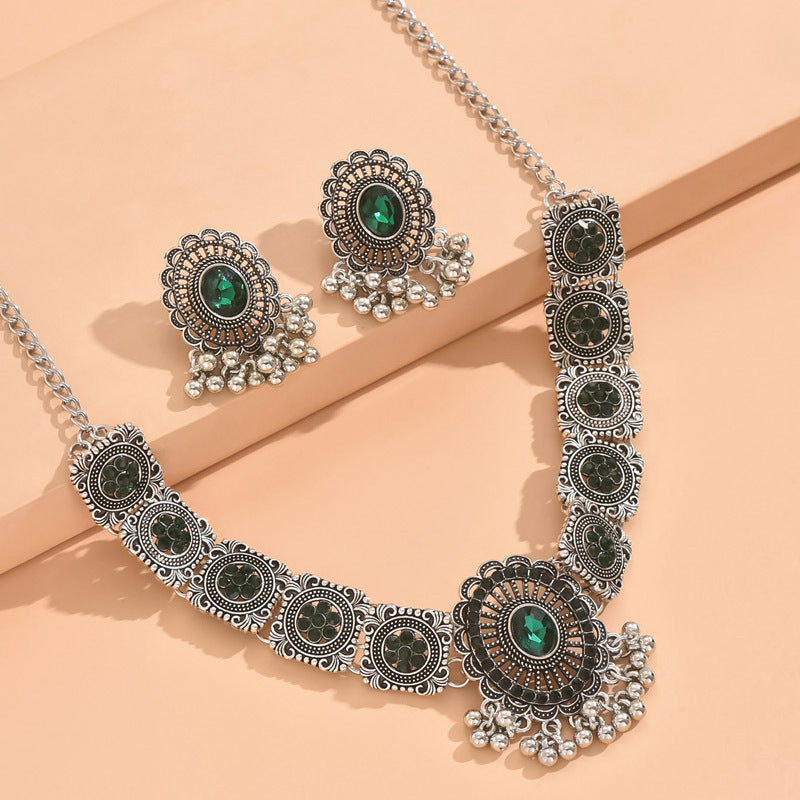 Indian Ethnic Jewelry Set – Vintage Gemstone Beads Necklace & Earrings (2-Piece Suit)