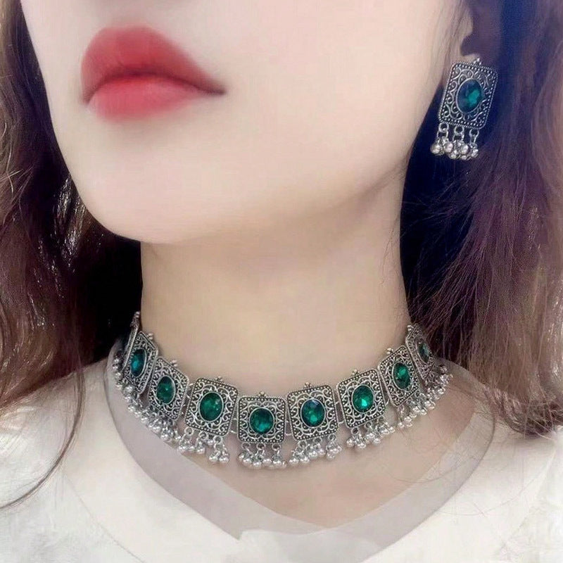Indian Ethnic Jewelry Set – Vintage Gemstone Beads Necklace & Earrings (2-Piece Suit)