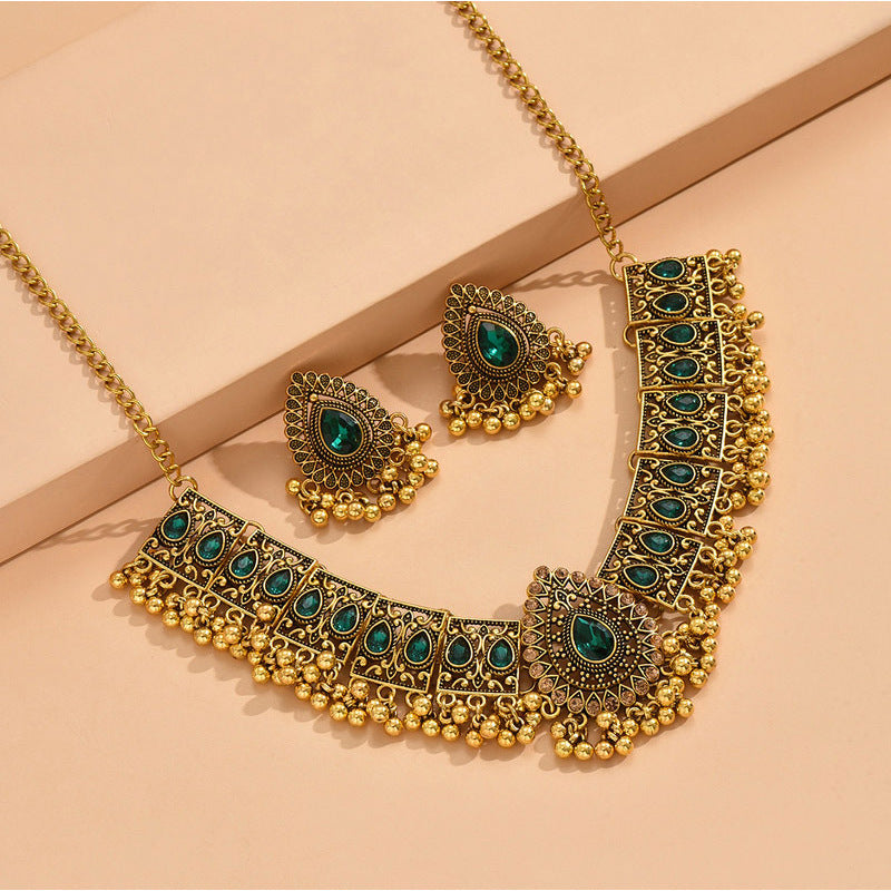 Indian Ethnic Jewelry Set – Vintage Gemstone Beads Necklace & Earrings (2-Piece Suit)