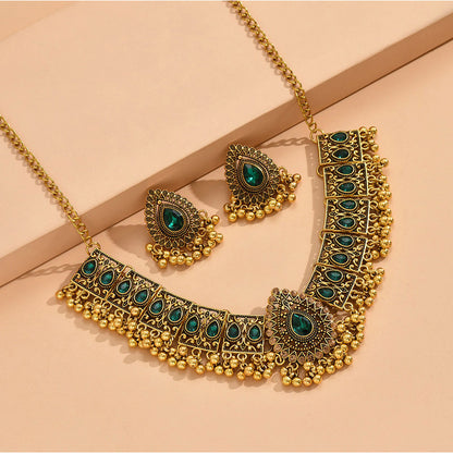 Indian Ethnic Jewelry Set – Vintage Gemstone Beads Necklace & Earrings (2-Piece Suit)