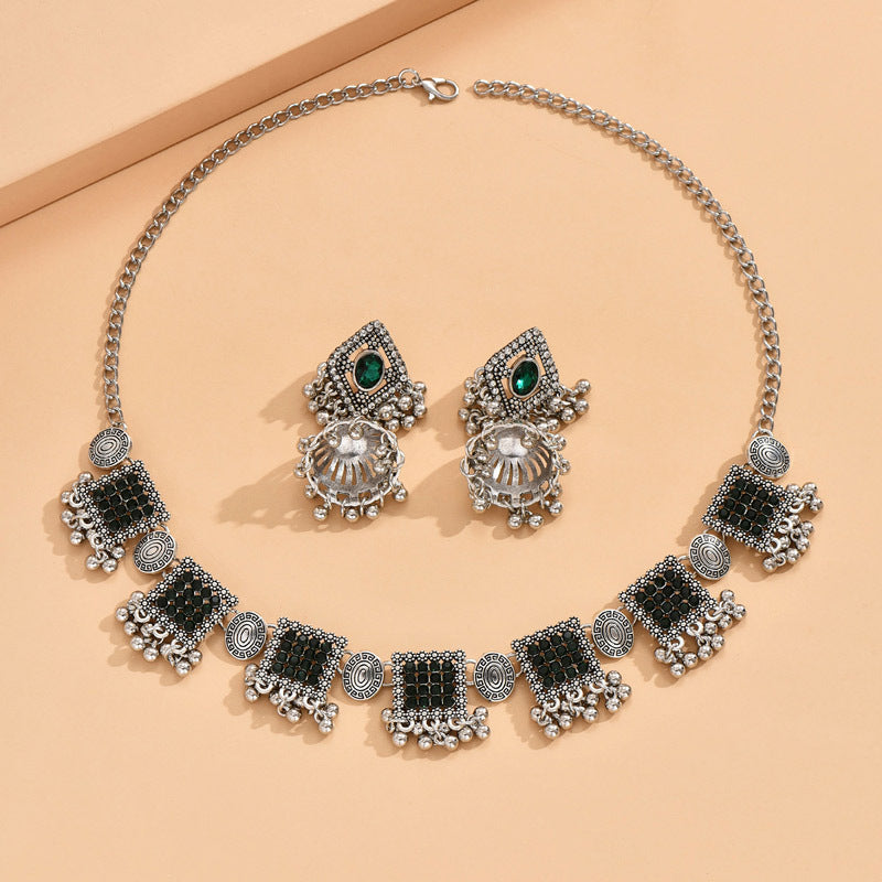 Indian Ethnic Jewelry Set – Vintage Gemstone Beads Necklace & Earrings (2-Piece Suit)