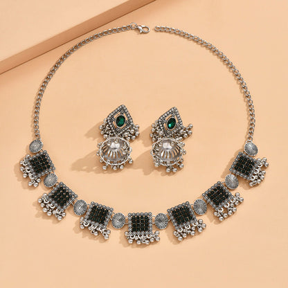 Indian Ethnic Jewelry Set – Vintage Gemstone Beads Necklace & Earrings (2-Piece Suit)