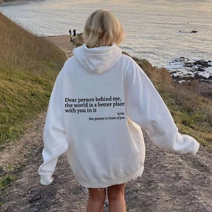 Women’s Plush Letter Printed Hoodie – Kangaroo Pocket, Drawstring, Unisex Trendy Pullover 
(Dear Person Behind Me,the World Is A Better Place,with You In It,love,the Person In Front Of You)