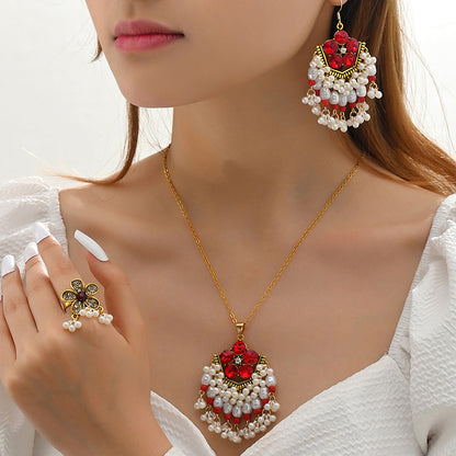 Indian Ethnic Jewelry Set – Vintage Gemstone Beads Necklace & Earrings (2-Piece Suit)