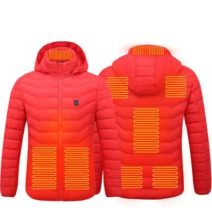 Men’s Heated Puffer Jacket – 9 Heat Zones, USB Electric Heating Coat with Hood
