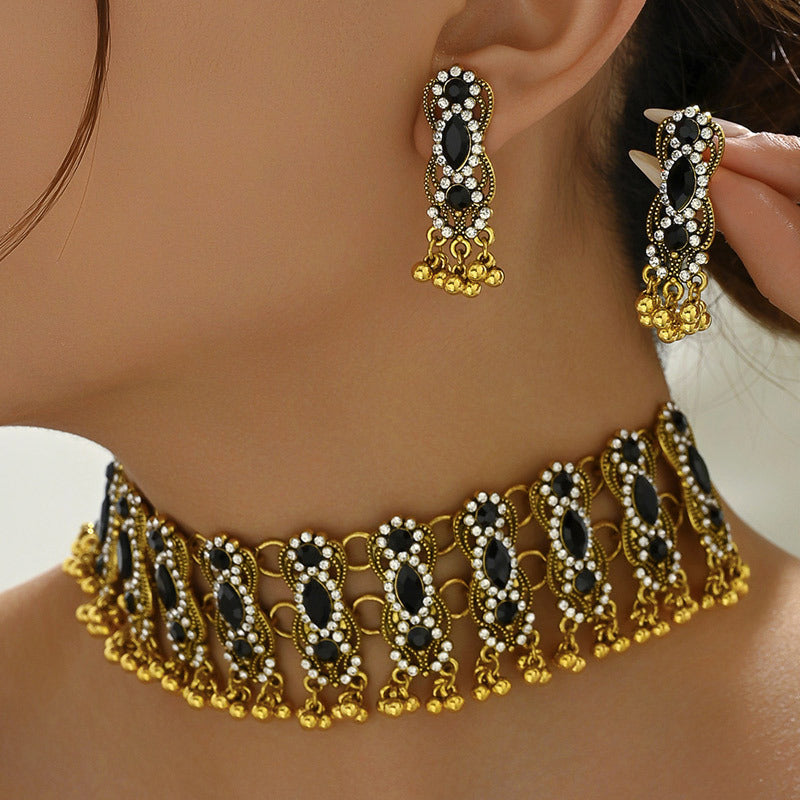 Indian Ethnic Jewelry Set – Vintage Gemstone Beads Necklace & Earrings (2-Piece Suit)