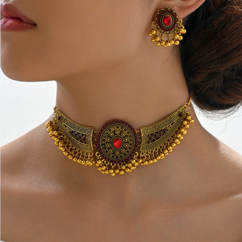 Indian Ethnic Jewelry Set – Vintage Gemstone Beads Necklace & Earrings (2-Piece Suit)