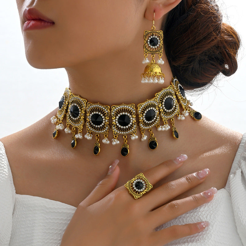 Indian Ethnic Jewelry Set – Vintage Gemstone Beads Necklace & Earrings (2-Piece Suit)